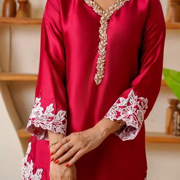 eastern ready to wear long silk kurta in maroon with white floral embroidery and lace trim for women eastern ready to wear long silk kurta in maroon with white floral embroidery and lace trim for women