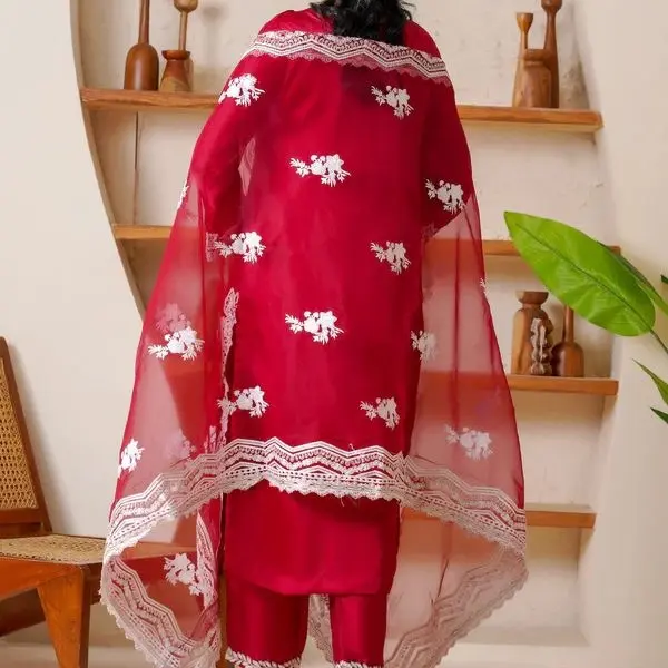 eastern ready to wear long silk kurta in maroon with white floral embroidery and lace trim for women eastern ready to wear long silk kurta in maroon with white floral embroidery and lace trim for women