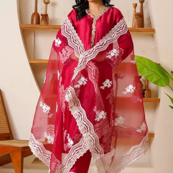 eastern ready to wear long silk kurta in maroon with white floral embroidery and lace trim for women eastern ready to wear long silk kurta in maroon with white floral embroidery and lace trim for women
