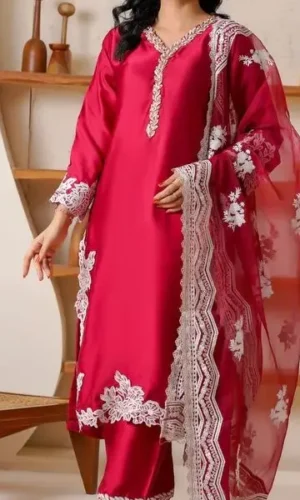 eastern ready to wear long silk kurta in maroon with white floral embroidery and lace trim for women