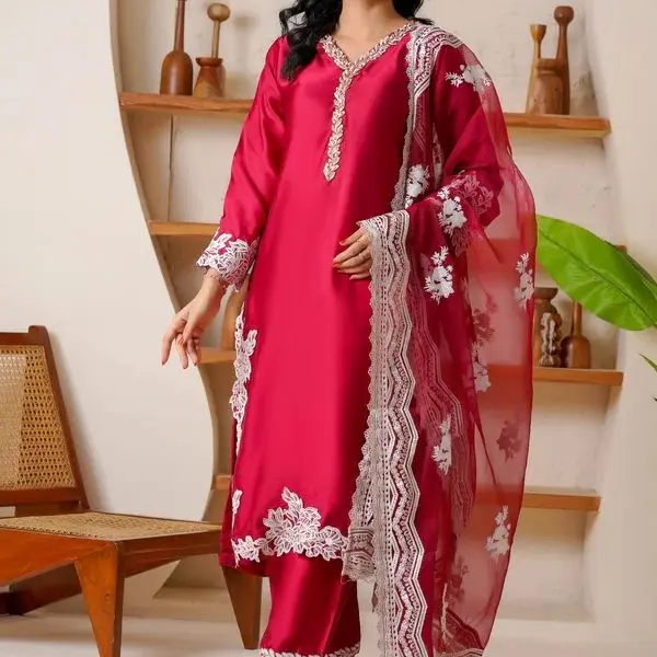 eastern ready to wear long silk kurta in maroon with white floral embroidery and lace trim for women eastern ready to wear long silk kurta in maroon with white floral embroidery and lace trim for women