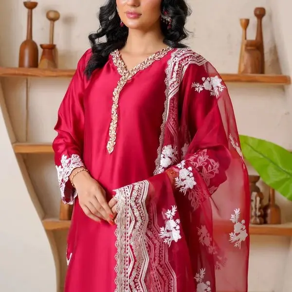 eastern ready to wear long silk kurta in maroon with white floral embroidery and lace trim for women eastern ready to wear long silk kurta in maroon with white floral embroidery and lace trim for women