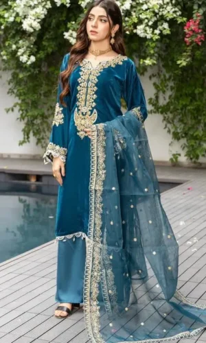 velvet embroidery 3pc suit with organza dupatta in teal blue for festive wear winter wear slim fit straight kurta top & straight trouser