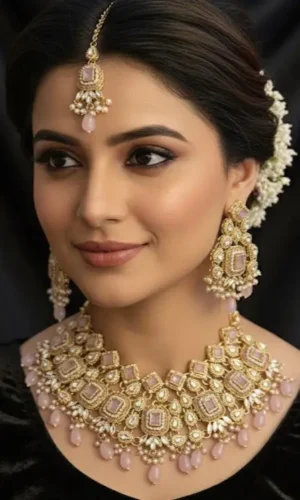 asian indian jewellery set elegant gold toned necklace & earrings with pink stones for festive wear code: bp4l35