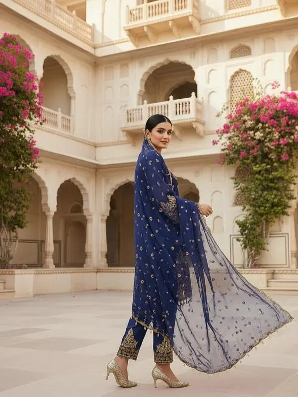 chiffon 3pc embroidered suit royal blue a line short frock with chiffon dupatta & straight trouser for formal events chiffon 3pc embroidered suit royal blue a line short frock with chiffon dupatta & straight trouser for formal events
