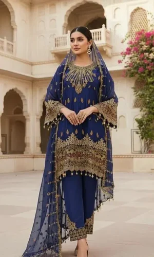 Home chiffon 3pc embroidered suit royal blue a line short frock with chiffon dupatta & straight trouser for formal events