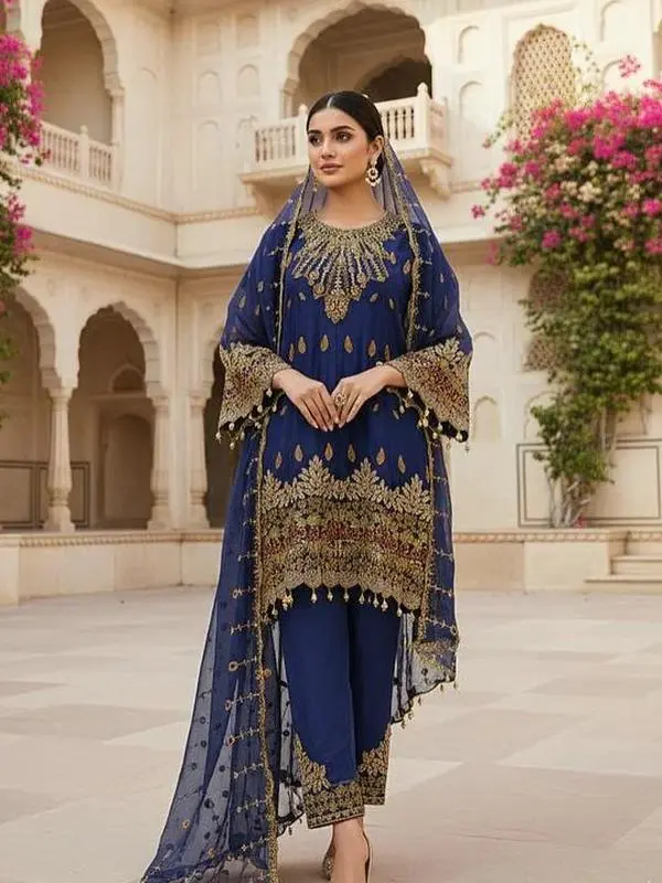 chiffon 3pc embroidered suit royal blue a line short frock with chiffon dupatta & straight trouser for formal events chiffon 3pc embroidered suit royal blue a line short frock with chiffon dupatta & straight trouser for formal events