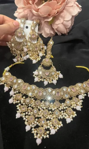 asian jewellery set with white pearls necklace with matching earrings & tikka for special occasions and everyday wear