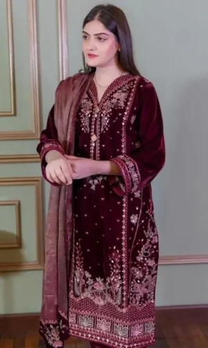 Home velvet embroidered 3pc suit with khaddi net dupatta & silk trouser long kurta style for women maroon winter wear regular fit top straight trousers