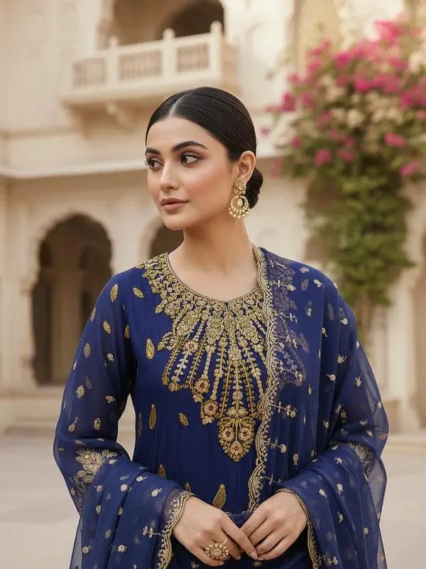 chiffon 3pc embroidered suit royal blue a line short frock with chiffon dupatta & straight trouser for formal events chiffon 3pc embroidered suit royal blue a line short frock with chiffon dupatta & straight trouser for formal events