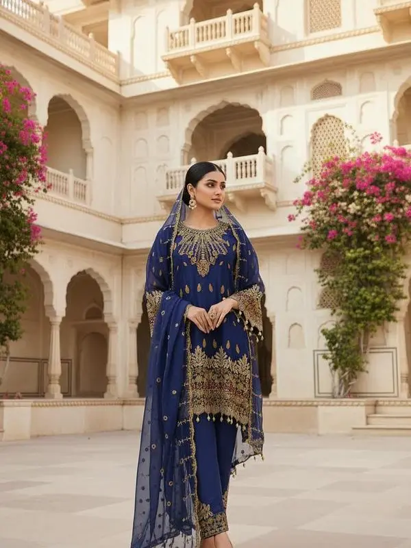 chiffon 3pc embroidered suit royal blue a line short frock with chiffon dupatta & straight trouser for formal events chiffon 3pc embroidered suit royal blue a line short frock with chiffon dupatta & straight trouser for formal events