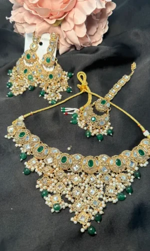 asian jewellery set with green & gold accents for festive wear