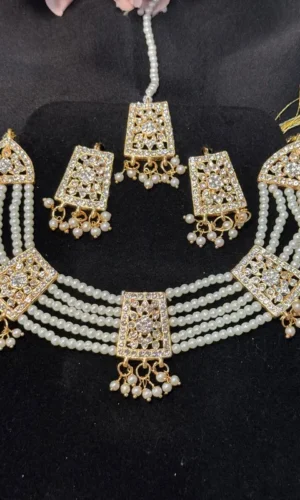 asian jewellery pearl set with matching earrings, tikka & pearl necklace 3pc set
