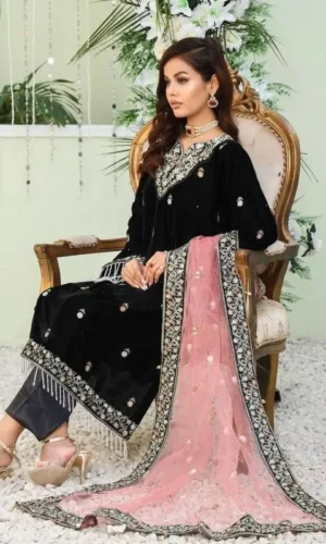 Home velvet black embroidered 3pc suit