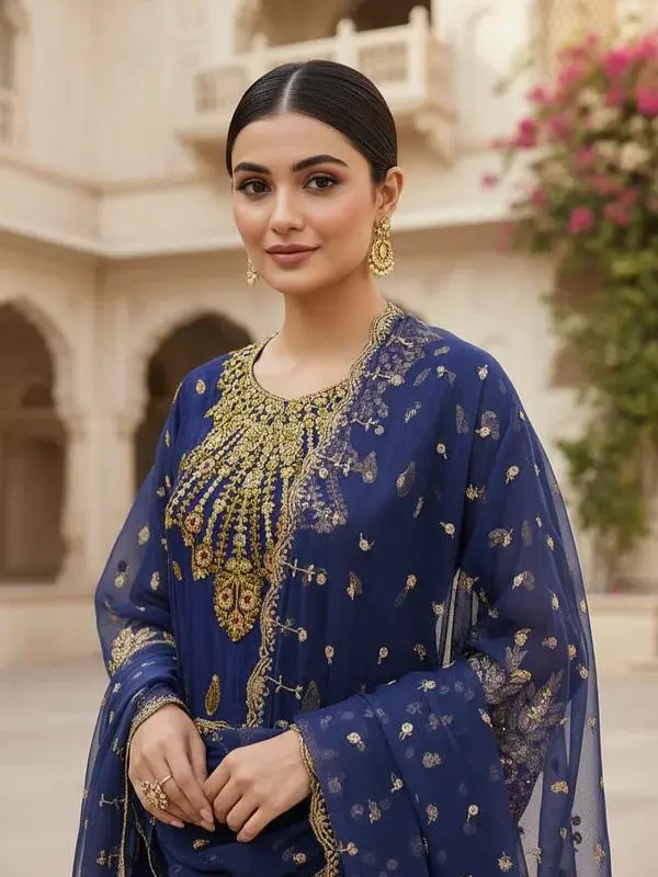 chiffon 3pc embroidered suit royal blue a line short frock with chiffon dupatta & straight trouser for formal events chiffon 3pc embroidered suit royal blue a line short frock with chiffon dupatta & straight trouser for formal events