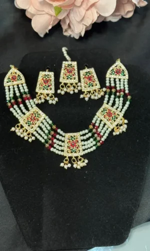 elegant asian jewellery set necklace tikka with matching earrings green & red colour traditional design for special occasions